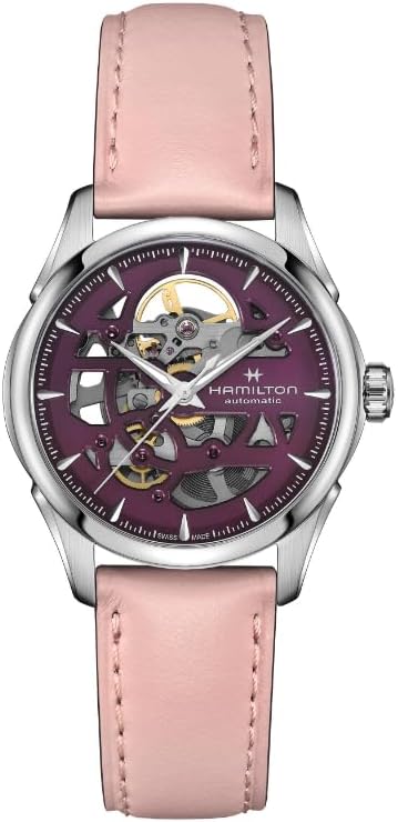 Hamilton Jazzmaster Skeleton Automatic Women's Watch, 36mm Stainless Steel Case, Swiss Made, Purple Dial Analog Wrist Watch, 50m Waterproof, Sapphire Crystal, 3-Hand Movement, Cow Leather Strap