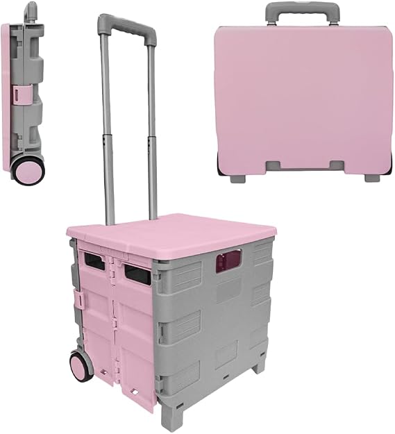 Berry 40L Foldable Shopping Trolley, Plastic Trolley Cart with 2 Wheels and Lid, Portable Cart with Telescopic Handle, Multipurpose Utility Cart for Shopping, Teacher - Pink and Grey