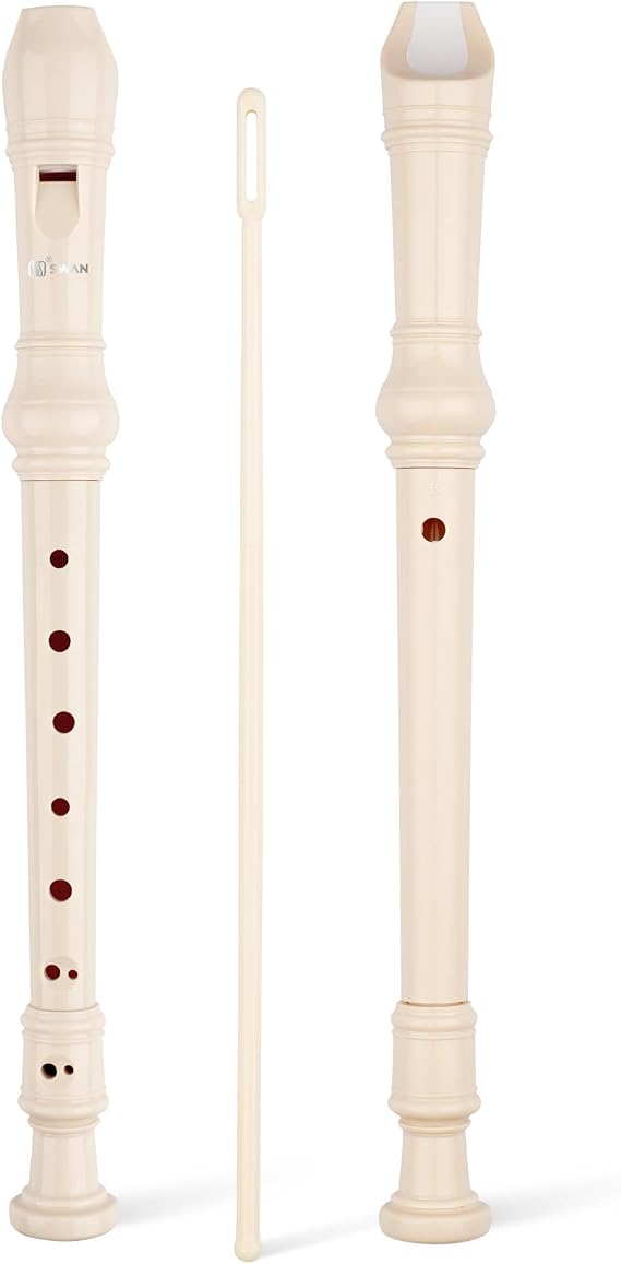 SWAN Soprano Recorder Instrument for Beginners Student - 8 Hole Flute Detachable 3pcs ABS Descant Recorders with Cleaning Rod and Fingering Chart, Baroque Style, Beige