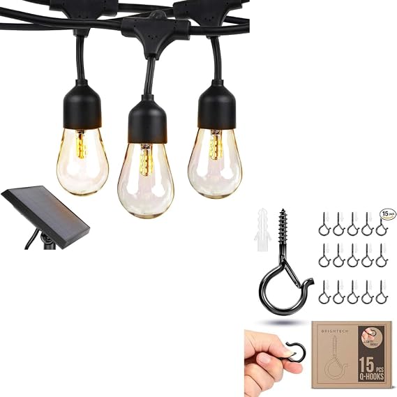 Brightech Bundle: Waterproof LED Outdoor String Lights Hanging, Dimmable 1W Bulbs - 48 Ft + String Light Screw Hooks - 15 Pack, Black