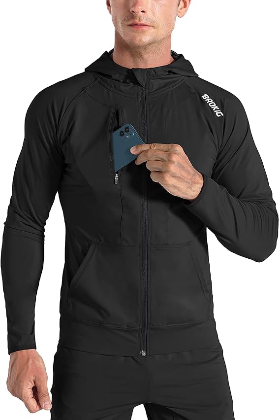 BROKIG Mens Windbreak Running Jacket Zip Up Hoodie | Lightweight,Zip Pocket,Workout,Gym,Athletic,Track,Golf,Cycling,Full Zip Hoodie Jackets,Windbreaker,Jogging Sweatshirts
