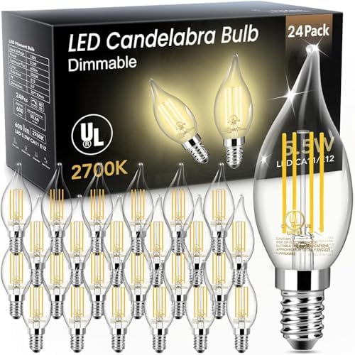 TJOY LED Candelabra Bulb Dimmable, 60W Equivalent LED Chandelier Light Bulbs, 5.5W 2700K Warm White 600LM CA11 Flame Tip Vintage Filament Candle Light with Decorative E12 Candelabra Base, 24 Pack