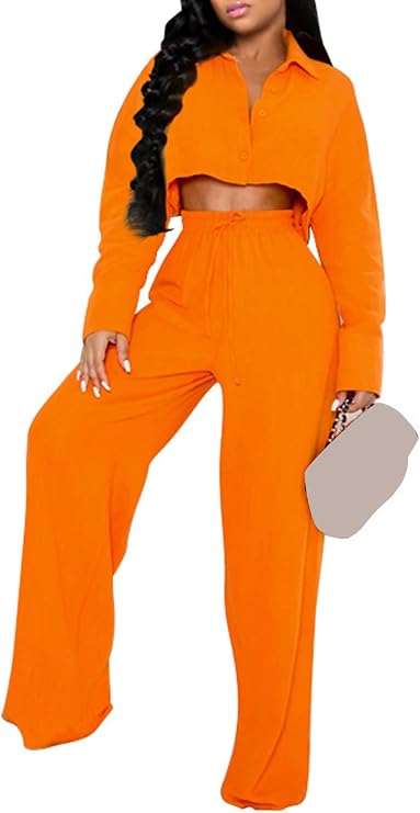 LKOUS Casual 2 Piece Outfits for Women,V Neck Long Sleeve Crop Shirt and Wide Leg Lounge Set