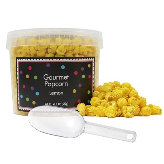 Yellow Popcorn Bucket with Scoop, 20 Ounce, Lemon Flavored Popcorn Tub, Fresh Gourmet Popcorn, The Hampton Popcorn & Candy Company