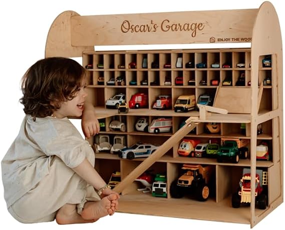 Enjoy The Wood Wooden Toy Parking Garage with Elevator (Big, Dark Walnut) | Toy Car Storage Small Car Compatible Gift for Toddlers 1-4 Years Old Organizer Case Shelf for Mini Toy Cars by Enjoy The Wood