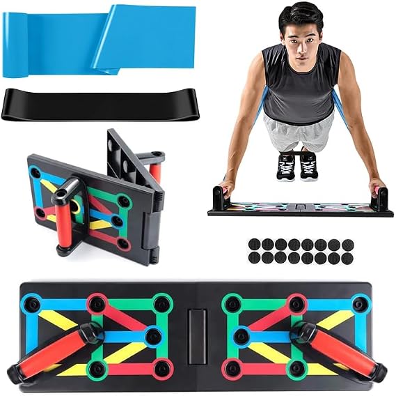12-in-1 Foldable Push Up Board - Multifunctional Press Up Board with Resistance Bands for Home Workouts Exercise with Anti-Slip Stickers - Color Coded Smart Pushup Board for Men & Women