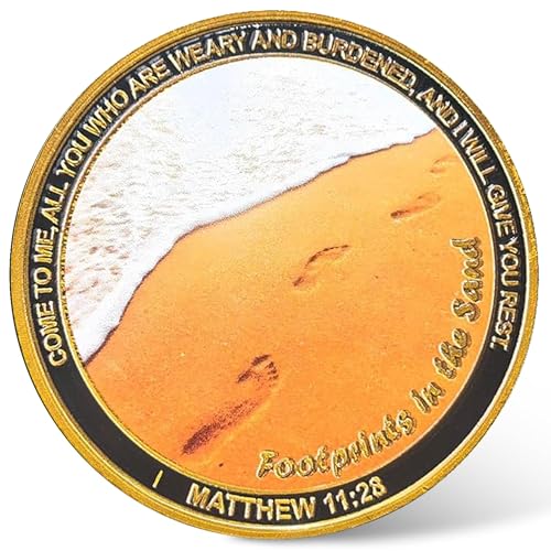 Footprints in The Sand Christian Challenge Coin - Zinc Alloy 1.57 Inch Inspirational Gift with Transparent Case, Matthew 11:28 Verse