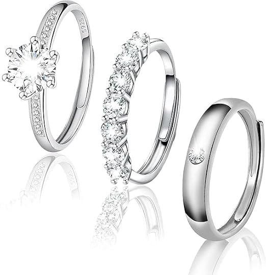 3Pcs Sterling Silver Ring Set, Silver Ring for Women 925, Rings, Stackable Silver Rings for Women, Hypoallergenic, Adjustable with 1 Carat Diamond, Womens Ring Sterling Silver for Birthday Christmas