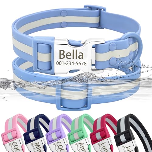 Personalized Waterproof & Reflective Dog Collar with Name Plate,Custom Easy Clean PVC Dog Collar with Buckle Engraved ID Name and Number SWidth:35, Fit 10.5-16.5,Light Blue