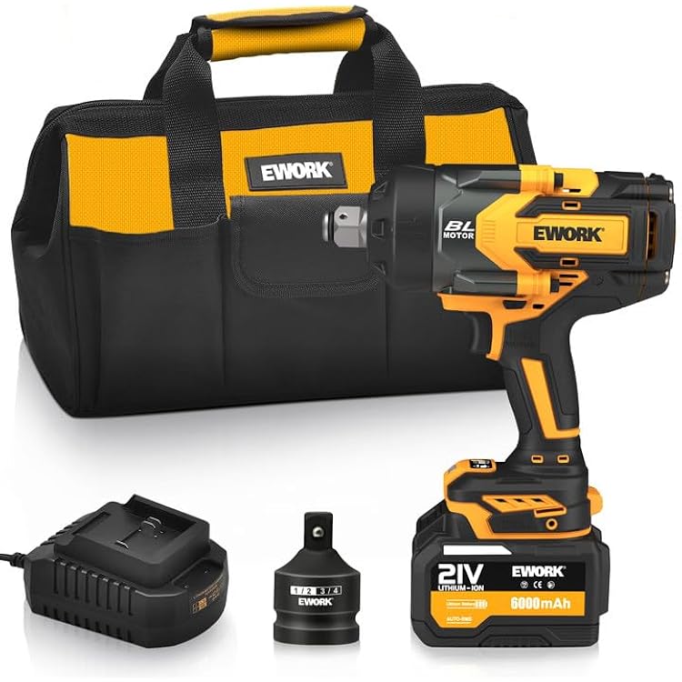 EWORK 34 Cordless Impact Wrench 21V Heavy Duty Max 1500 Ft-lbs, Brushless Motor, High Torque Impact Gun with 6.0Ah Li-ion Battery and Charger & 34 to 12 Inch Socket Adapter, Tool Bag