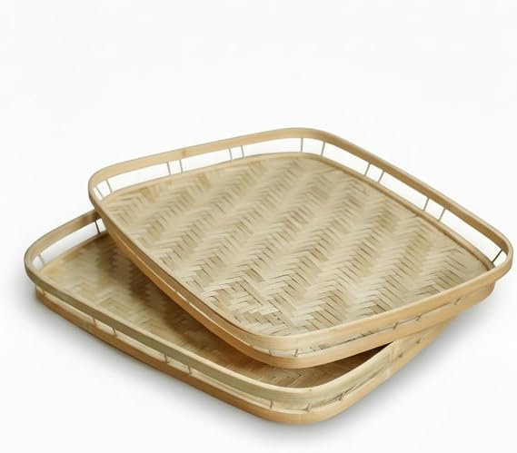 PEMAR Wicker Serving Trays w Handles,Rectangular Hand-Woven Lap Trays,Bamboo Bedroom Trays,Cabin Trays for Foods & Drinks. Decorative Trays for Coffee Tables,Breakfast,Dinners,Bed Eating. 2 Pack Set