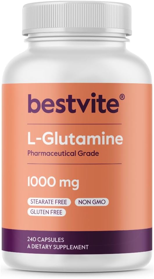 BESTVITE Filler-Free L-Glutamine 1000mg per Capsule (240 Caps) - Free Form | No Stearates - Gluten Free - Non GMO - Pure L Glutamine Supplement - Maximum Strength Glutamine Capsules
