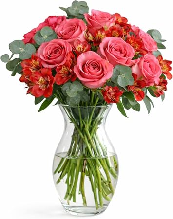 GlobalRose Flowers Fresh Bouquet Pink & Red - Next-Day Fresh Flowers for Delivery Prime - Hand-Picked Alstroemerias & Roses Bouquet with Greens for Graduation, Birthday & Special Occasions