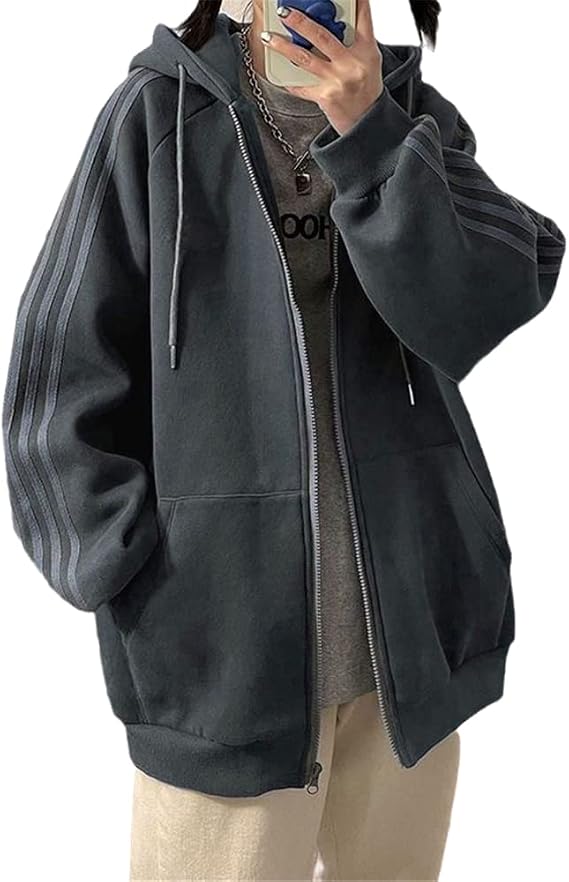 Women Oversized Zip Up Korean Hoodie Y2k Jackets Striped Long Sleeve Hooded Sweatshirt Solid Zipper Cute Top For Teen Girls