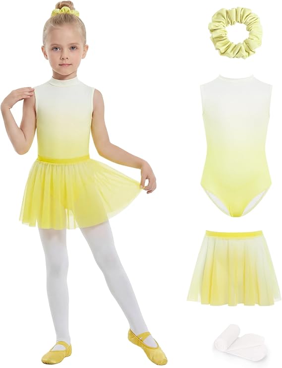 JiAmy Girls' 4-Piece Gradient Ballet Leotard Set with Tight 4-12Y