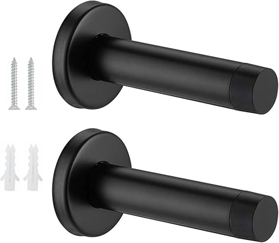 Heavy Duty Door Stopper, 2 Pack Matte Black Wall Mounted Door Stop, Black Door Stops Stainless Steel, Durable Door Stop for Skirting and Wall Protection, Modern Decorative Doorstop for Home