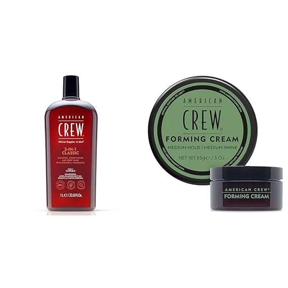American Crew Shampoo, Conditioner & Body Wash for Men, 3-in-1, 33.8 Fl Oz & American Crew Men's Hair Forming Cream, Like Hair Gel with Medium Hold & Medium Shine, 3 Oz (Pack of 1)