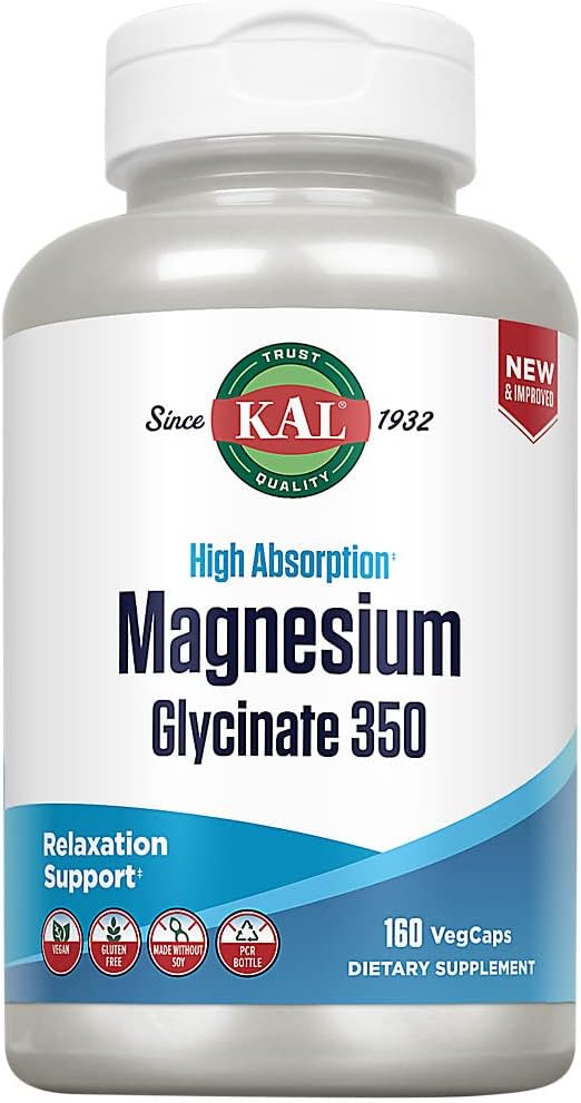 KAL Magnesium Glycinate Capsules, Fully Chelated Magnesium Bisglycinate, High Absorption Magnesium Supplement, Healthy Bones, Muscle, Relaxation and Stress Support, Non-GMO 160 count