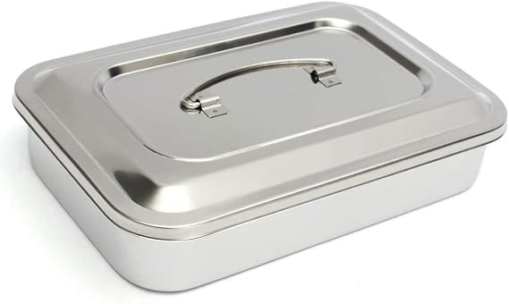 Medical 304 Stainless Steel Instrument Tray Lab Instrument Dental Tool Organizer Holder with Lid and Handle Grip Size 12"x8"x2"