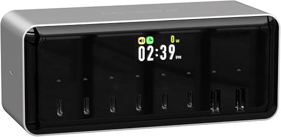8 in 1 Alarm Clock Charging Station 200W Fast Charger Block with Digital Clock 6 USB-C Port 2 USB-A Port Power Adapter for Phone Watch Laptop (MDSS2)