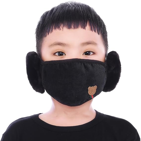 Kids Winter Warm Windproof Mask with Fluffy Ear Covers - Thick Dustproof Breathable Mouth Cover Half Face Earflaps