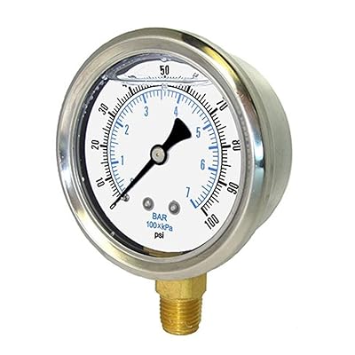 PIC Gauges 201L-25XM-SAE4 Bottom Mount Glycerine Filled Pressure Gauge w SS Case, Brass Internals, SS Bezel, PC Lens, 2.5 Dial, 01000 psi Range, 716-20 SAE Hydraulic