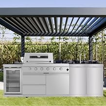 104in Oversized Modular Outdoor Kitchen Bar, 4 Burner 72000 BTU Deluxe Stainless Steel Gas Barbecue Island Kitchen for Backyard w BBQ Grill, Refrigerator, Rotisserie Kit, Countertops, Cabinets, Sink