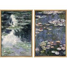SIGNWIN Framed Canvas Print Wall Art Set Monet-Inspired Water Lilies on Tranquil Pond Illustration Modern Art Minimalism Decorative Nordic for Living Room, Bedroom, Office - 24"x36"x2 Natural