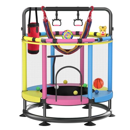 Trampoline for Kids With Full Anti-Rust Anti-Rollover Round Bottom, T-handrail Adjustable Baby Toddler Basketball Dart Board