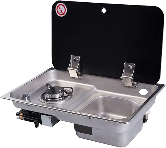 Rv Gas Stove Hob and Sink Combo,1 Burner RV Cooktop Stove with Tempered Glass Cover Plate,RV Boat Caravan Camper Burner for Motorhomes,Camping Tent