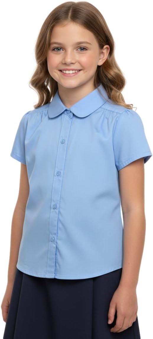 unik Girls' Uniform Button Down Peter Pan Collar Blouse White or Sky Blue Shirt