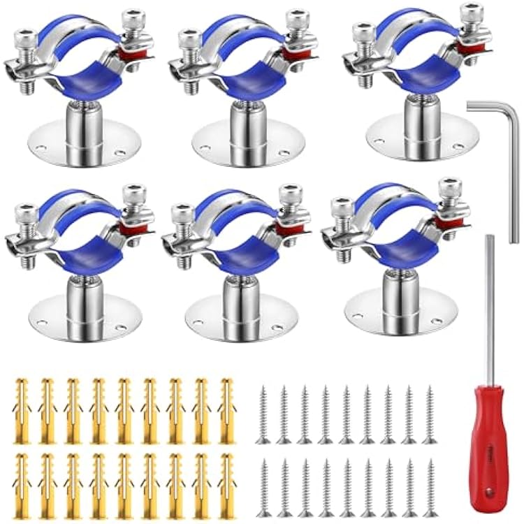 6PCS 304 Stainless Steel Wall Mount Ceiling Mount Pipe Supports,Suitable for OD Pipe 32-34mm,Adjustable Height 20-40mm,Adjustable Pipe Strap Clamp with Screws