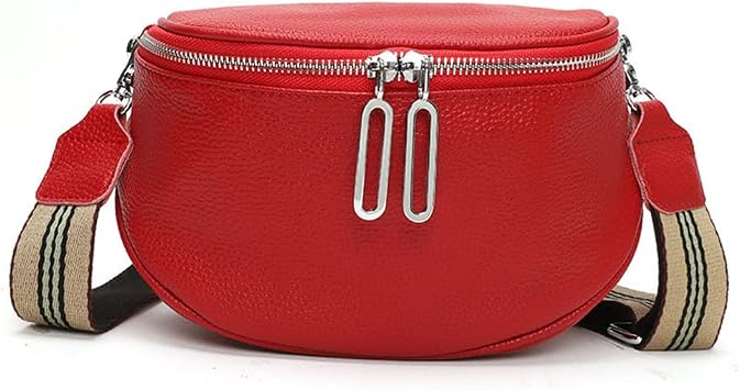 Genuine Leather Crossbody Fanny Packs for Women Fashion Belt Bag Chest Purses Casual Sling Waist Bag with Zipper Closure (Red)