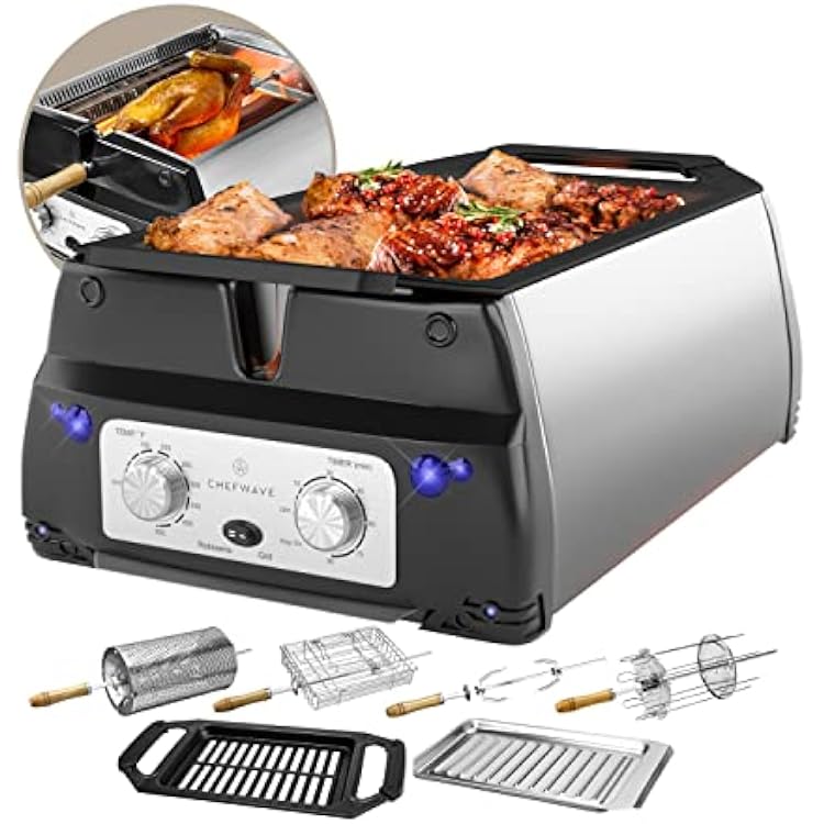 ChefWave Sosaku Smokeless Indoor Grill Removeable Plates Non-Stick Korean BBQ Electric Grill Indoor with Infrared Technology - Kebab Set, Fries Basket & Fish Cage, Rotisserie