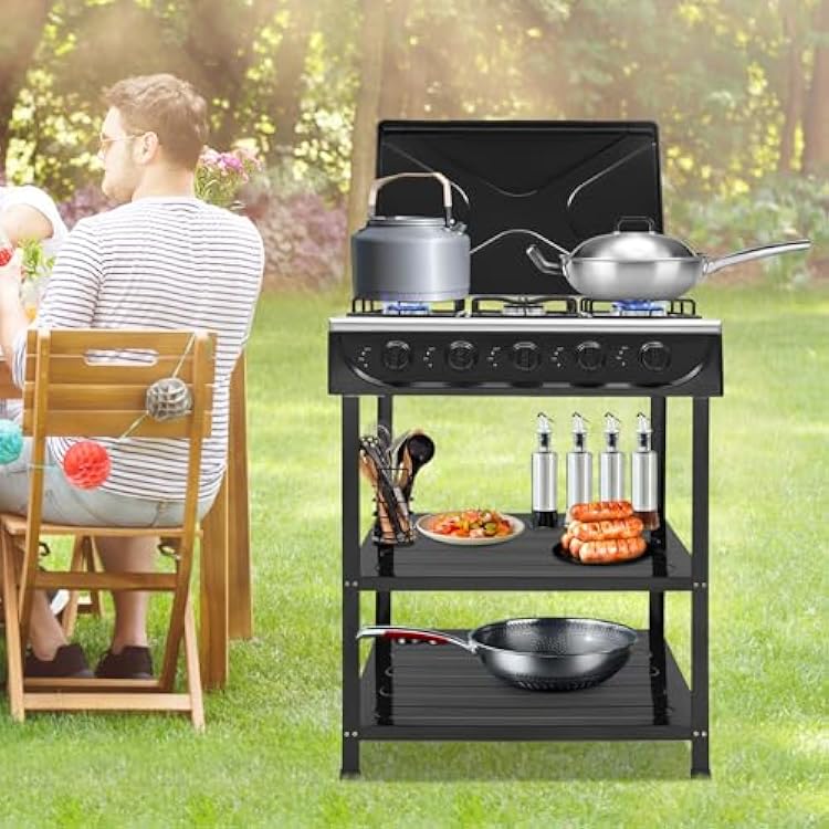 Gas Stove Portable Stove 5 Burner, with Support Leg Stand and Wind Blocking Cover Adapter Manual Ignition Camping Stove, for Home, Apartment, Outdoor Cooking, BlackNO Hose