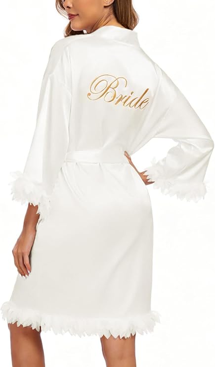 Women's Bride Robe for Wedding Day Petal Trim Bridesmaid Robes | Short Satin Bathrobe Embroidery Getting Ready Bridal Party Sleepwear