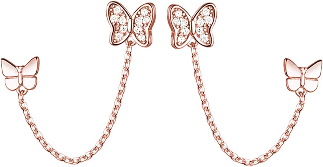 Reffeer Solid 925 Sterling Silver Double Holes CZ Butterfly Chain Stud Earrings Two Butterfly Cuff Climber Earrings for Women Teen
