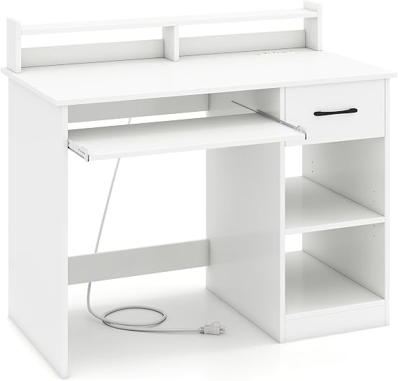Computer Desk w/Drawer, Study Table w/Keyboard Tray & Power Outlet