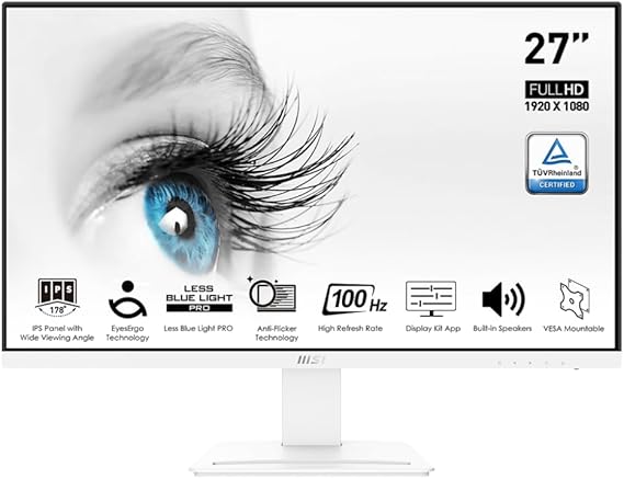 msi Pro MP273AW, 27" Monitor, 1920 x 1080 (FHD), IPS, 100Hz, TUV Certified Eyesight Protection, 4ms, Displayport, HDMI, Tilt, White