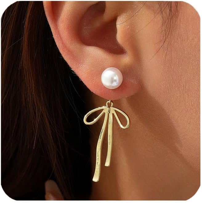 14K Gold Plated Bow Earrings for Women Faux Pearl Long Drop Ear Jackets