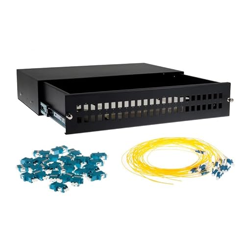 CablesAndKits 48 Port Fiber Patch Panel, LC Singlemode Fiber Patch Panel OS2 Bundle, 2U 19 Inch Rack Mount Sliding Fiber Enclosure with Splice Tray, LC Duplex Adapters, 9/125 Single Mode Pigtails and