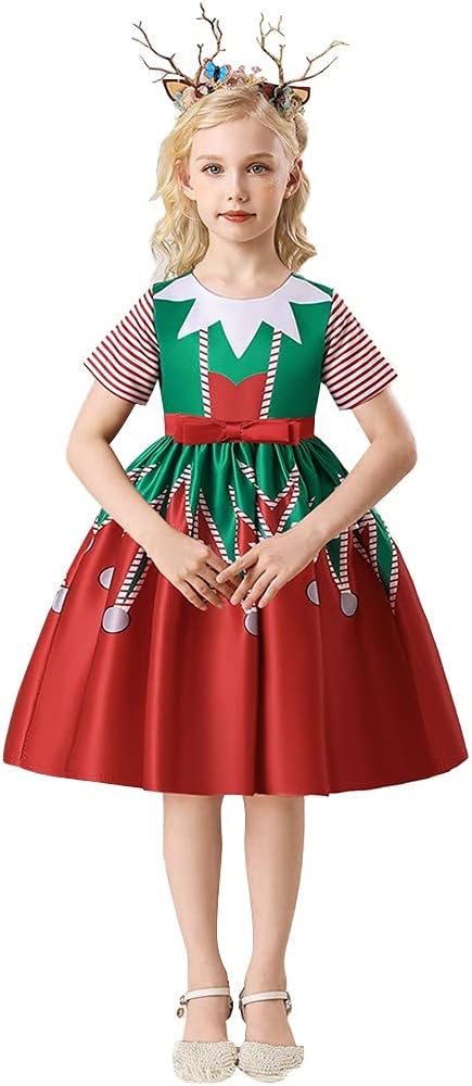 FMYFWY Girls Christmas Dresses Xmas Eve Holiday Party Dress Kids Elf Costume Santa Claus Printed Outfits wReindeer Headband