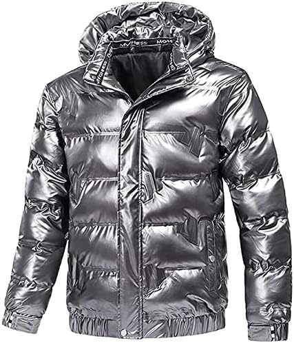 Mens Shiny Puffer Jacket Hooded Down Quilted Insulated Jacket Zip up Padded Coat Glossy Winter Coat Warm Outwear
