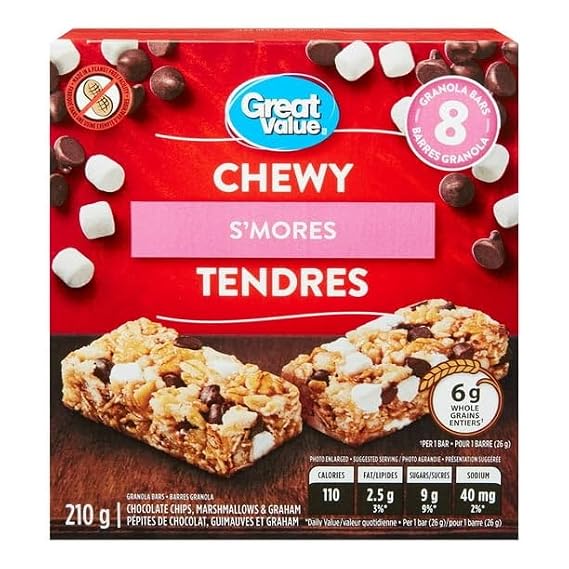 Great Value Chewy S'mores Granola Bars, 8 Bars, 210g/7.35 oz. Box (Imported from Canada)