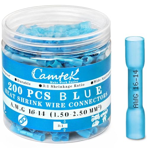 200PCS Heat Shrink Butt Connectors Blue 16-14 AWG, Marine Grade Tinned Red Copper Crimp Splice Terminals Insulated Waterproof Electrical Wire Connectors for Marine,Truck,Stereo