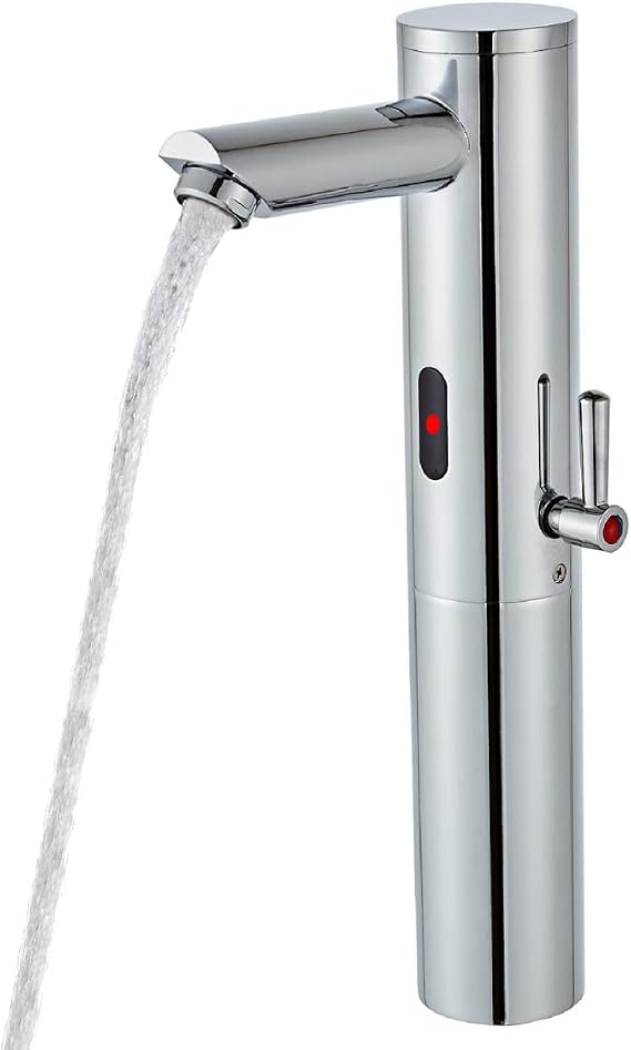 Automatic Touchless Bathroom Sink Faucet Tall Body Motion Activated Sensor Hands Free Commercial Brass Faucets Adjustable Cold Hot 1 Hole Single Handle Basin Vessel Auto Water Mixer（Chrome）