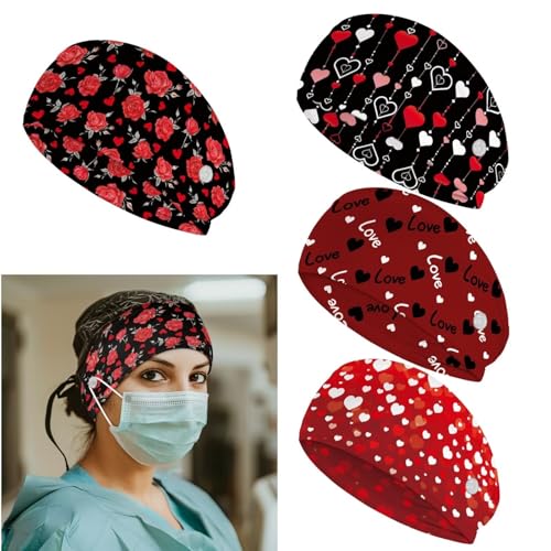 4 Pcs Nurse Headbands for Women with Buttons Elastic Turban Head Wraps Ear Savers for Face Masks Non-Slip Workout Rose and Heart Pattern Healthcare Worker Accessories