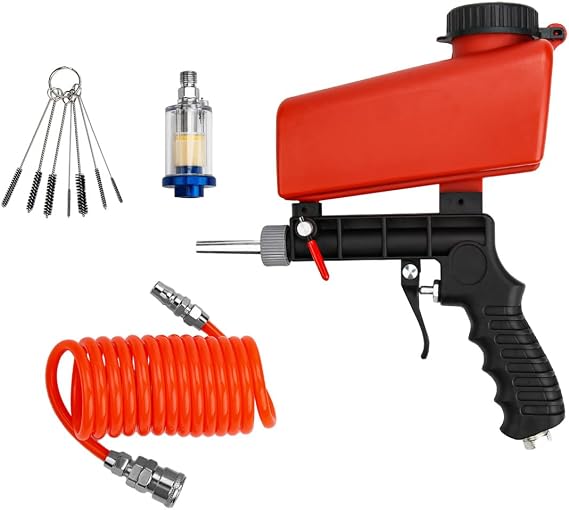 Sand Blaster Gun Kit Air Sand Blaster Gun with Siphon Feed Nozzle, Red Hose & Moisture Filter Removes Paint, Rust, Stains & Dirt Works with Sandblast Media (Soda, Aluminum, Walnut Shells)