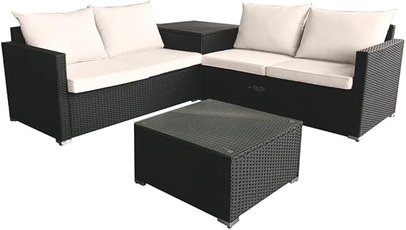 Panana Rattan Garden Furniture Corner Sofa Set with Storage Box, 4 Seater Outdoor Sofa with Cushions, Coffee Table & Free Cover for Patio Garden Conservatory (Black Rattan with Beige Cushions)