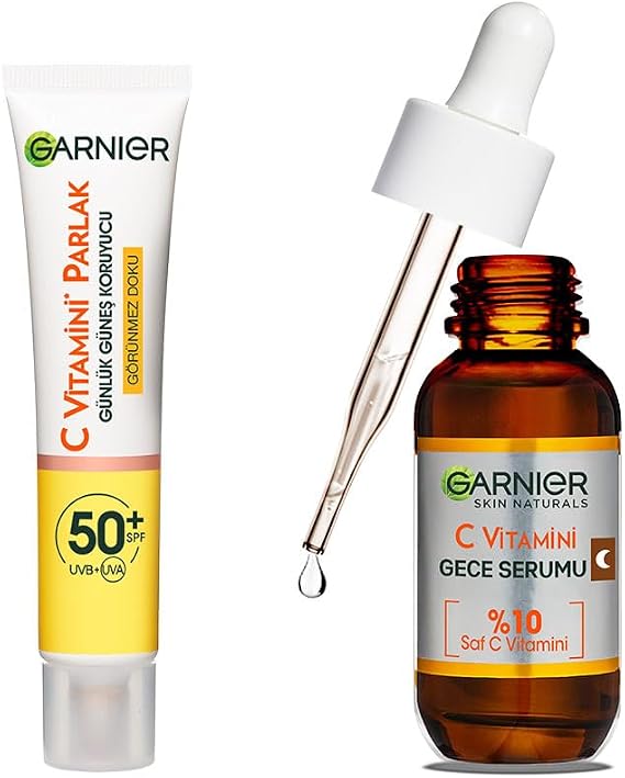Garnier C Vitamini Günlük Uv Korumalı Güneş Yüz Kremi Spf50 Görünmez Doku 40ml & C Vitamini Süper Aydınlatıcı Gece Serumu 30 Ml Cilt Bakım Seti